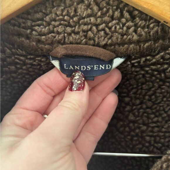 Lands End S 6-8 chocolate brown faux suede shearling sherpa button down jacket - Picture 2 of 5
